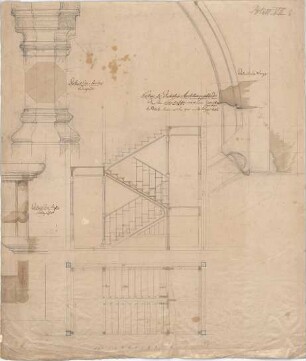 Voit, August von; München; Glaspalast - Nebentreppen (Grundriss, Schnitt, Details)