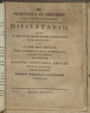 De Praestantia Et Virtutibus Scholarum Publicarum, Respectu Privatae Institutionis, Dissertatio