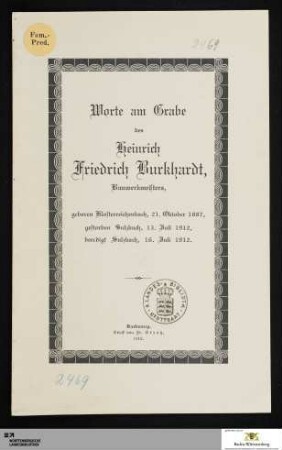 Rede am Grabe des Joh. Gottlieb Burkhardt Messerschmied : Geboren am 21. November 1799. Gestorben am 18. Mai 1882. Beerdigt am 20. Mai 1882