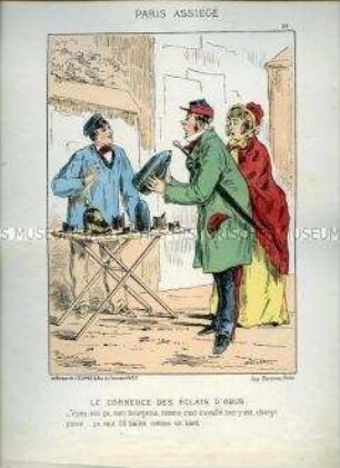 Karikatur, Verkauf von deutschen Geschossen und Pickelhauben, Frankreich 1870. Tafel 26 aus: Paris assiégé. Scènes de la vie parisienne pendant le siège.