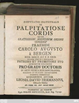 Dispvtatio Inavgvralis De Palpitatione Cordis