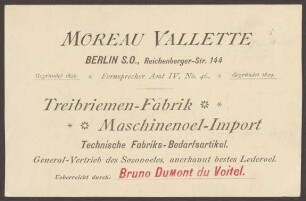 Werbepostkarte Treibriemen-Fabrik, Moreau Vallette, Reichenberger Straße 144
