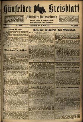 Erste Ausgabe vom Donnerstag, den 08. Mai 1930.