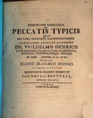 Exercitatio Theologica De Peccatis Typicis