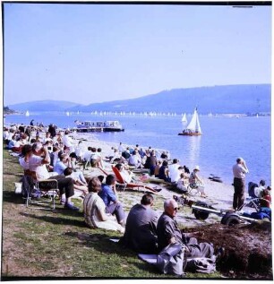 Schluchsee: Segelregatta, ankommende Korsar-Boote, vom Ufer mit Publikum
