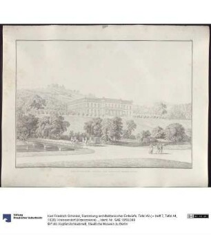 Sammlung architektonischer Entwürfe. Tafel 49 ( = Heft 7, Tafel 44, 1826): Kressendorf (Krzeszowice) bei Krakau. Schloss. Perspektivische Ansicht