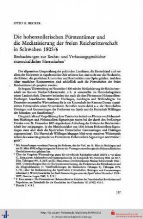Die hohenzollerischen Fürstentümer und die Mediatisierung der freien Reichsritterschaft in Schwaben 1805/6. Beobachtungen zur Rechts- und Verfassungsgeschichte ritterschaftlicher Herrschaften.
