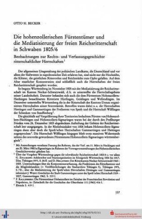 Die hohenzollerischen Fürstentümer und die Mediatisierung der freien Reichsritterschaft in Schwaben 1805/6. Beobachtungen zur Rechts- und Verfassungsgeschichte ritterschaftlicher Herrschaften.