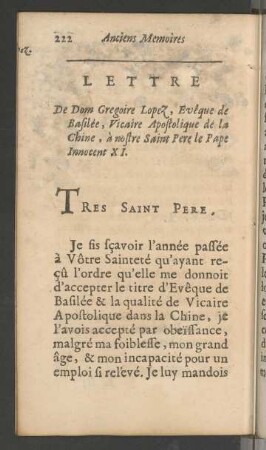 XIII. Lettre De Dom Gregoire Lopez ... à nostre Saint Pere le Pape Innocent XI.