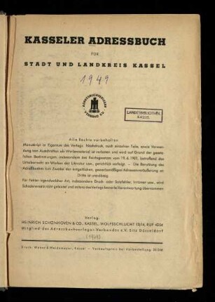 Jg. 109.1949: Kasseler Adressbuch für Stadt und Landkreis Kassel