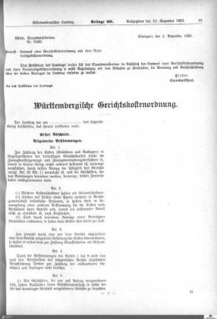 Entwurf einer Württembergischen Gerichtskostenordnung
