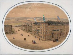 Das Hôtel Garni an der Lüttichaustraße in Dresden von Nordosten, im Hintergrund die Sächsisch-Böhmische Eisenbahn und die südliche Umgebung Dresdens