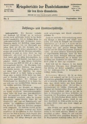 2.1914: Kriegsberichte der Handelskammer für den Kreis Mannheim