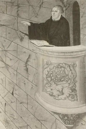 Wittenberg, Sankt Marien, Predella des Reformationsaltars : Detailaufnahme des predigenden Martin Luther auf der Kanzel