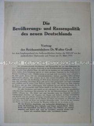 Sonderdruck eines Vortrages über die Rassenpolitik der NSDAP vor ausländischen Diplomaten und Journalisten