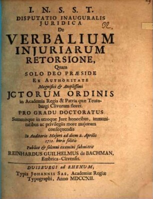 Disputatio inauguralis juridica de verbalium injuriarum retorsione
