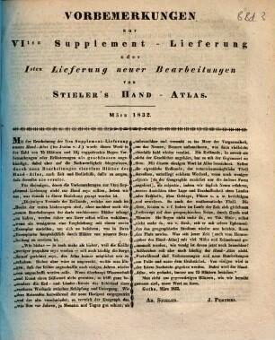 Vorbemerkungen zur VIten Supplement-Lieferung oder 1sten Lieferung neuer Bearbeitungen von Stieler's Hand-Atlas : März 1832