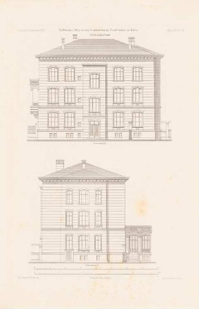 Städtisches Allgemeines Krankenhaus, Berlin-Friedrichshain: Seitenansicht, Rückansicht Verwaltungsgebäude (aus: Atlas zur Zeitschrift für Bauwesen, hrsg. v. G. Erbkam, Jg. 25, 1875)