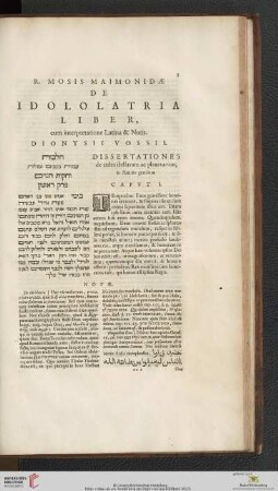 R. Mosis Maimonidæ: De Idololatriæ liber, cum interpretatione Latina & Notis