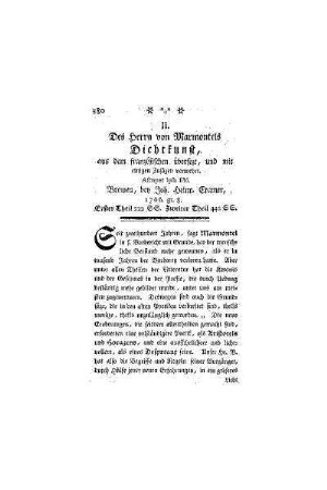 Des Herrn von Marmontels Dichtkunst, aus dem französischen übersezt, und mit einigen Zusätzen vermehrt. Aftupet ipfa sibi : Bremen, bey Joh. Heinr. Cramer, 1766