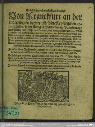 Gründlicher und warhafftiger Bericht von Franckfurt an der Oder, wegen der Verlust, so die Keyserlichen gelitten haben