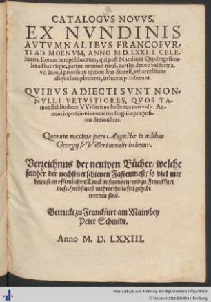 CATALOGVS NOVVS, EX NVNDINIS AVTVMNALIBVS FRANCOFVRTI AD MOENVM, ANNO M. D. LXXIII. CELEbratis ...