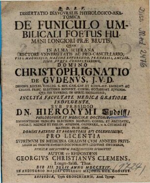 Dissertatio Inavgvralis Physiologico-Anatomica De Funiculo Umbilicali Foetus Humani Longiori Prae Brutis