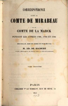 Correspondance entre le Comte de Mirabeau et le Comte de LaMarck, pendant les années 1789, 1790 et 1791. 3