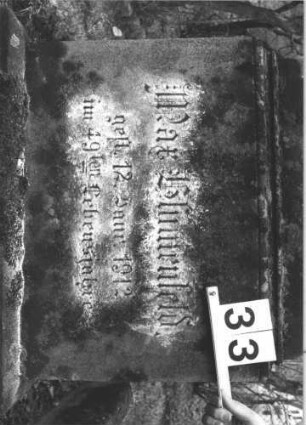 Grabstein 33 (Index: 99805068) Material: Sandstein mit schwarzer Marmorplatte Zustand: verwittert, Akroterion abgebrochen Maße HxBxT: 195x62x27 cm Beschreibung: Stele auf gestuftem Sockel mit Rundbogen und Mittelakroterion; Inschriftennische mit Rundbogen Symbolik: umlaufendes Fries, geschmücktes Akroterion: Grabstein 33 (Detailaufnahme 2)