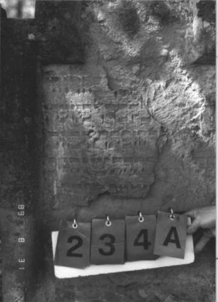 Grabstein 234 (Index: 99609870) Material: Sandstein Zustand: stark verwittert, abgeblättert, weitgehender Textverlust Maße HxBxT: 107x66x12 cm Beschreibung: Stele, eingezogener Rundbogenabschluß, Schriftfeld eingetieft: Grabstein 234A