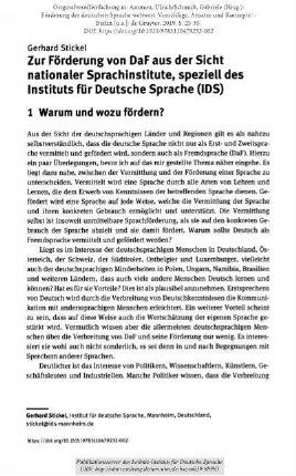 Zur Förderung von DaF aus der Sicht nationaler Sprachinstitute, speziell des Instituts für Deutsche Sprache (IDS)