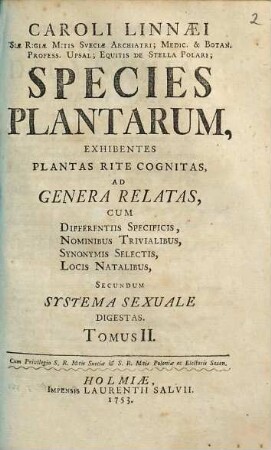 Caroli Linnaei ... Species Plantarum : Exhibentes Plantas Rite Cognitas, Ad Genera Relatas ; Cum Differentiis Specificis, Nominibus Trivialibus, Synonymis Selectis, Locis Natalibus, Secundum Systema Sexuale Digestas, 2