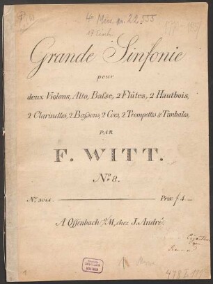 Grande Sinfonie pour deux Violons, Alto, Basse, 2 Flûtes, 2 Hautbois, 2 Clarinettes, 2 Bassons, 2 Cors, 2 Trompettes & Timbales : No. 8.