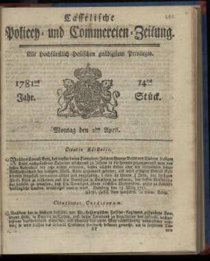 1781tes Jahr. 14tes Stück. Montag den 2ten April