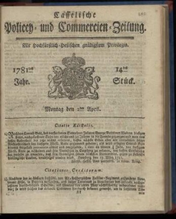 1781tes Jahr. 14tes Stück. Montag den 2ten April