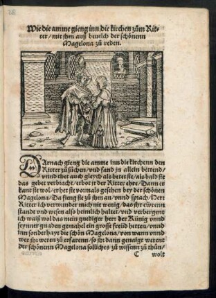 Wie die amme gieng inn die kirchen zum Ritter/ mit ihm auß bevelch der schönenn Magelona zu reden.