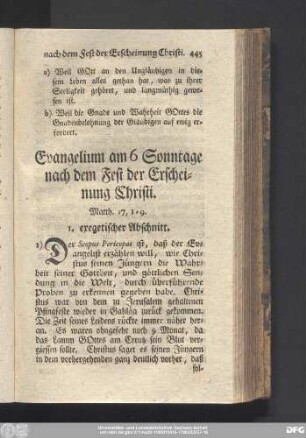 Evangelium am 6 Sonntage nach dem Fest der Erscheinung Christi. Matth. 17, 1 - 9.
