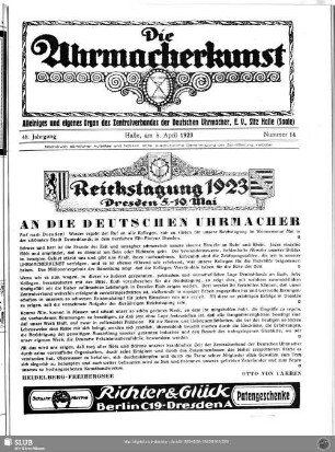 Reichstagung 1923 Dresden 5. - 10. Mai : An die Deutschen Uhrmacher