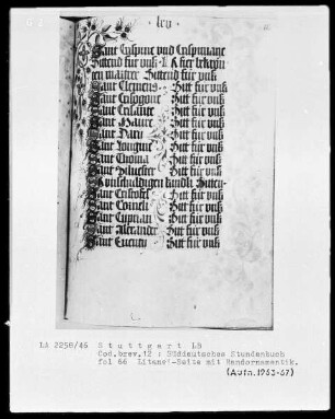 Deutsches Gebetbuch (Waldburg-Gebetbuch) — Litaneiseite mit Initiälchen S und Randornamentik, Folio 66recto