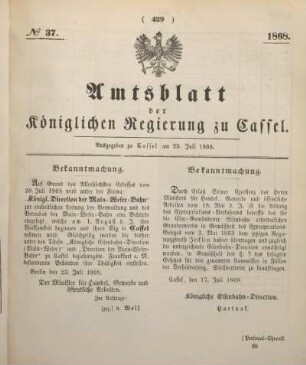 № 37. Ausgegeben zu Cassel am 25. Juli 1868.