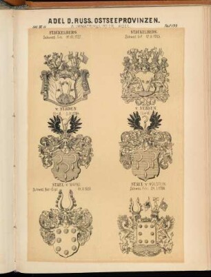Taf. 177. - Stackelberg. Schwed. Frh. 11.VI.1727. - Stackelberg. Schwed. Grf. 12.IV.1763. - v. Staden. R.-A. 5.VI.1784. - v. Staden (Livld.) - Stael v. Wapno. Schwed. Nat.-Dipl. 14.X.1650. - Stael. v. Holstein. Schwed. Frh. 24.I.1788.