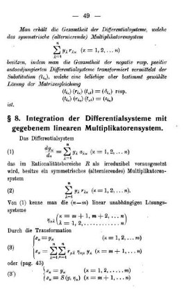 § 8. Integration der Differentialsysteme mit gegebenem linearen Multiplikatorensystem.