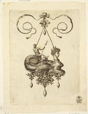 Anhänger mit Fisch-Sphinx und Flussgott, Blatt 5 aus der Folge: Bullarum Inarium Etc. Archetypi Artificiosi (Entwürfe für Anhänger II; 10 Blätter)
