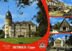 Postkarte: Grüße aus Detmold/Lippe. Lange Straße, Westf. Freilichtmuseum, Lippisches Landestheater