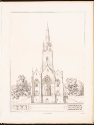 Kirche mit 1650 Sitzen: Vorderansicht (aus: Entwürfe zu Kirchen, Pfarr- und Schulhäusern, hrsg. von der Kgl. Preuß. Oberbaudeputation, 1845-1855)