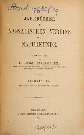 Jahrbücher des Nassauischen Vereins für Naturkunde. 39. 1886