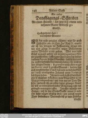 Ein ander Dancksagungs-Schreiben An einen Freund, der uns bey einem vornehmen Mann Addresse gemacht.