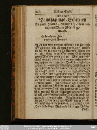Ein ander Dancksagungs-Schreiben An einen Freund, der uns bey einem vornehmen Mann Addresse gemacht.