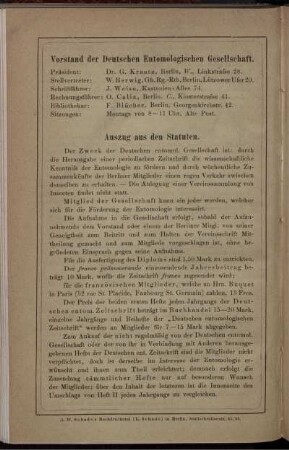 Vorstand der Deutschen Entomologischen Gesellschaft. Auszug aus den Statuten.