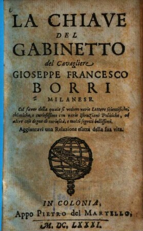 La chiave del gabinetto del Cavagliere Gioseppe Francesco Borri Milanese